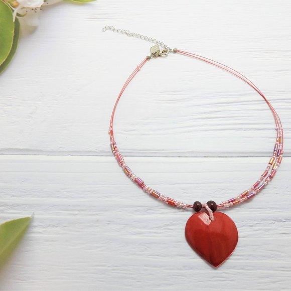 Red Shell Choker Glass Bead Collard Necklce - Picture 2 of 4